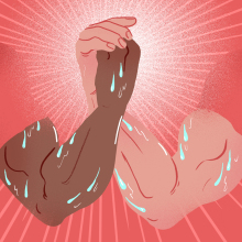 Illustration of two men holding hands and tensing muscles and sweating profusely. 