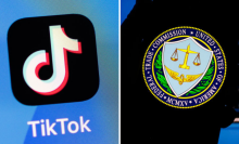 Two images side by side. On the left is the TikTok app logo displayed on an iPhone. On the right is the Federal Trade Commission of the United States seal displayed on a mobile phone screen.