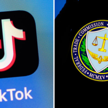 Two images side by side. On the left is the TikTok app logo displayed on an iPhone. On the right is the Federal Trade Commission of the United States seal displayed on a mobile phone screen.