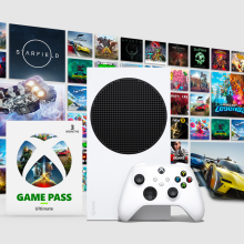 the xbox series s starter bundle in front of a collage of games available on xbox game pass