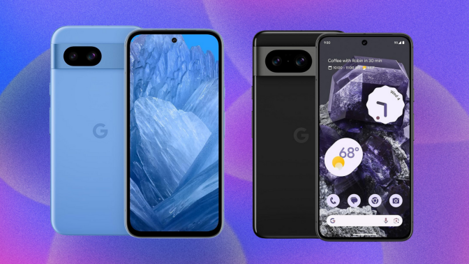 Google Pixel 8 phones on purple and blue abstract background 