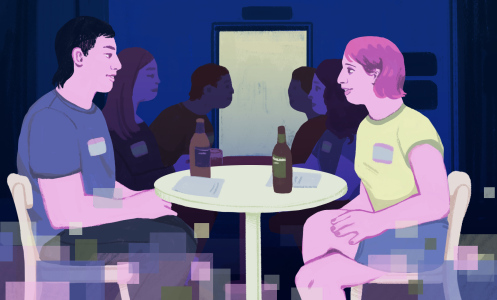 two people sitting across from each other at speed dating, pixels dissolving at the bottom of their bodies
