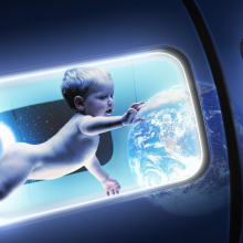 Baby floating in spaceship