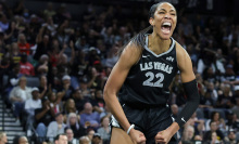 A'ja Wilson of the Las Vegas Aces celebrates after scoring