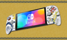 the "pokemon legends: arceus"-themed hori split pad pro on a yellow background