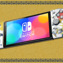 the "pokemon legends: arceus"-themed hori split pad pro on a yellow background