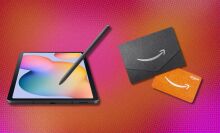 a samsung galaxy tab s6 lite and an amazon gift card sit on a pink and orange background