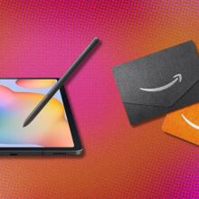 a samsung galaxy tab s6 lite and an amazon gift card sit on a pink and orange background