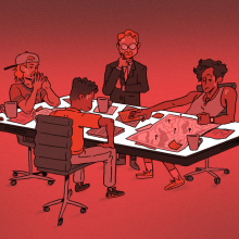 A diverse group of six people is gathered around a table, engaged in a serious discussion or planning session. The table is covered with maps, papers, and coffee cups. The background is shaded in red, giving a sense of urgency or intensity. The individuals vary in attire, from casual to formal, and display focused and contemplative expressions.
