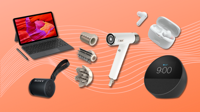 Amazon Fire Max 11 tablet, JBL earbuds, Sony speaker, Shark SpeedStyle, and Echo Spot with orange background