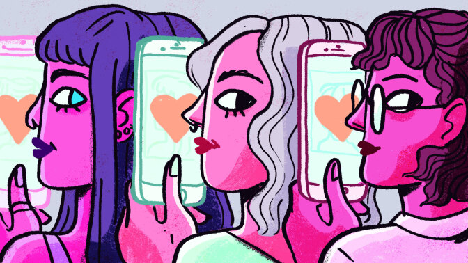 three femme people smiling looking at phones with hearts on them