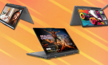 Lenovo laptops on orange and white abstract background