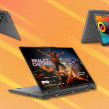 Lenovo laptops on orange and white abstract background