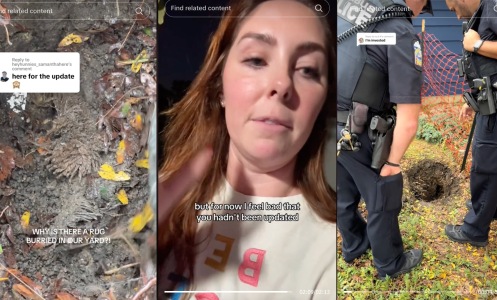 three screenshots of tiktoks. left of a hole with a rug in it. center of a woman talking to the camera. right of two cops looking into hole.