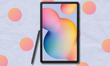 samsung galaxy tab s6 lite with stylus s pen and blue background