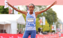 Sifan Hassan celebrates winning the Chicago marathon