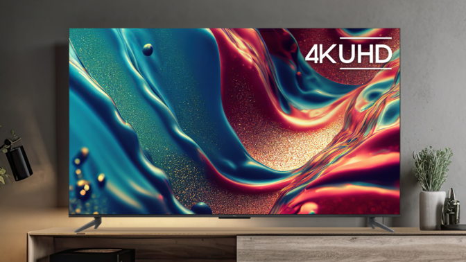 TCL 4K TV with colorful abstract liquid screensaver sitting on TV stand