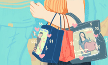 Illustration of a person's arm holding shopping bags, each of which has an image of a teleshopping salesperson holding up items for sale. 