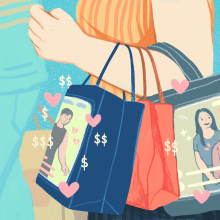 Illustration of a person's arm holding shopping bags, each of which has an image of a teleshopping salesperson holding up items for sale. 