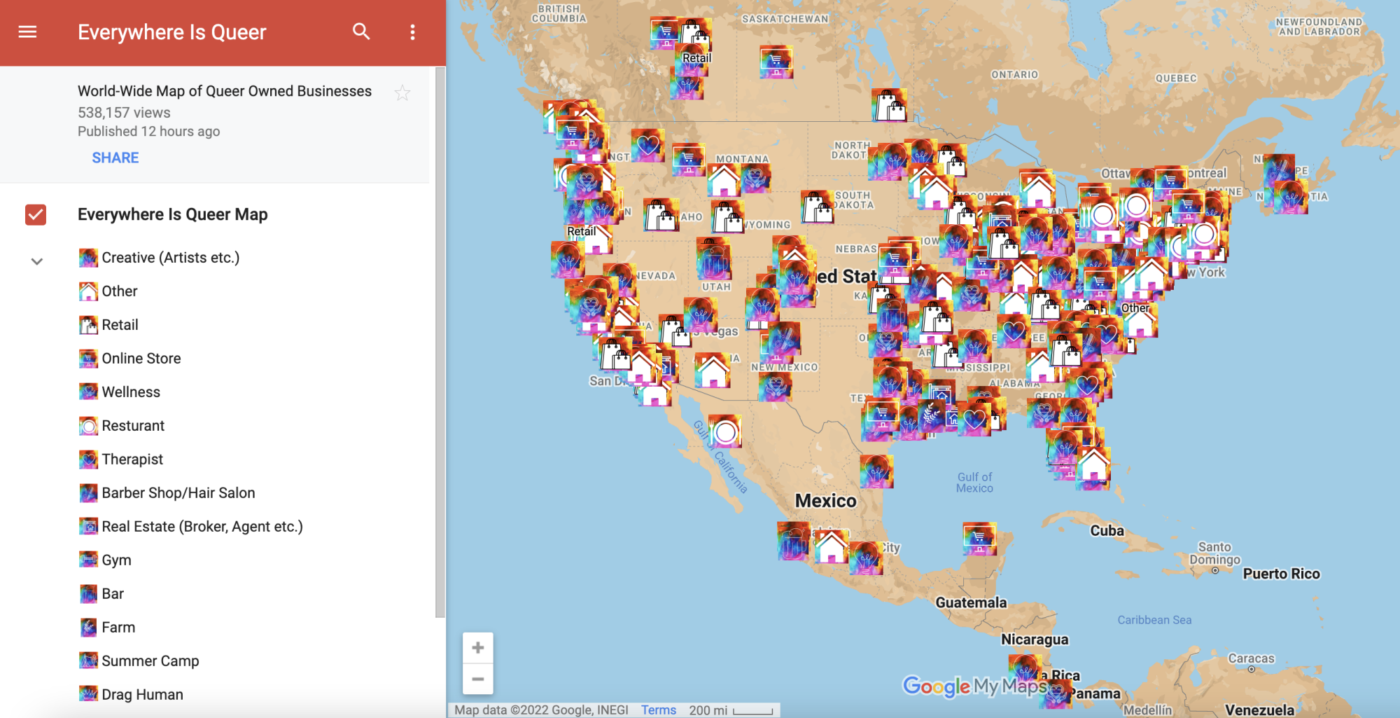 A screenshot of the Everywhere Is Queer map.