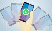 A graphic of phone screens with the WhatsApp logo in the middle.