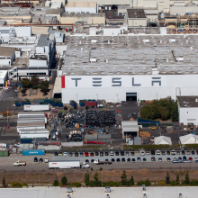 The Tesla Inc. assembly plant stands in this aerial photograph taken above Fremont, California, U.S.