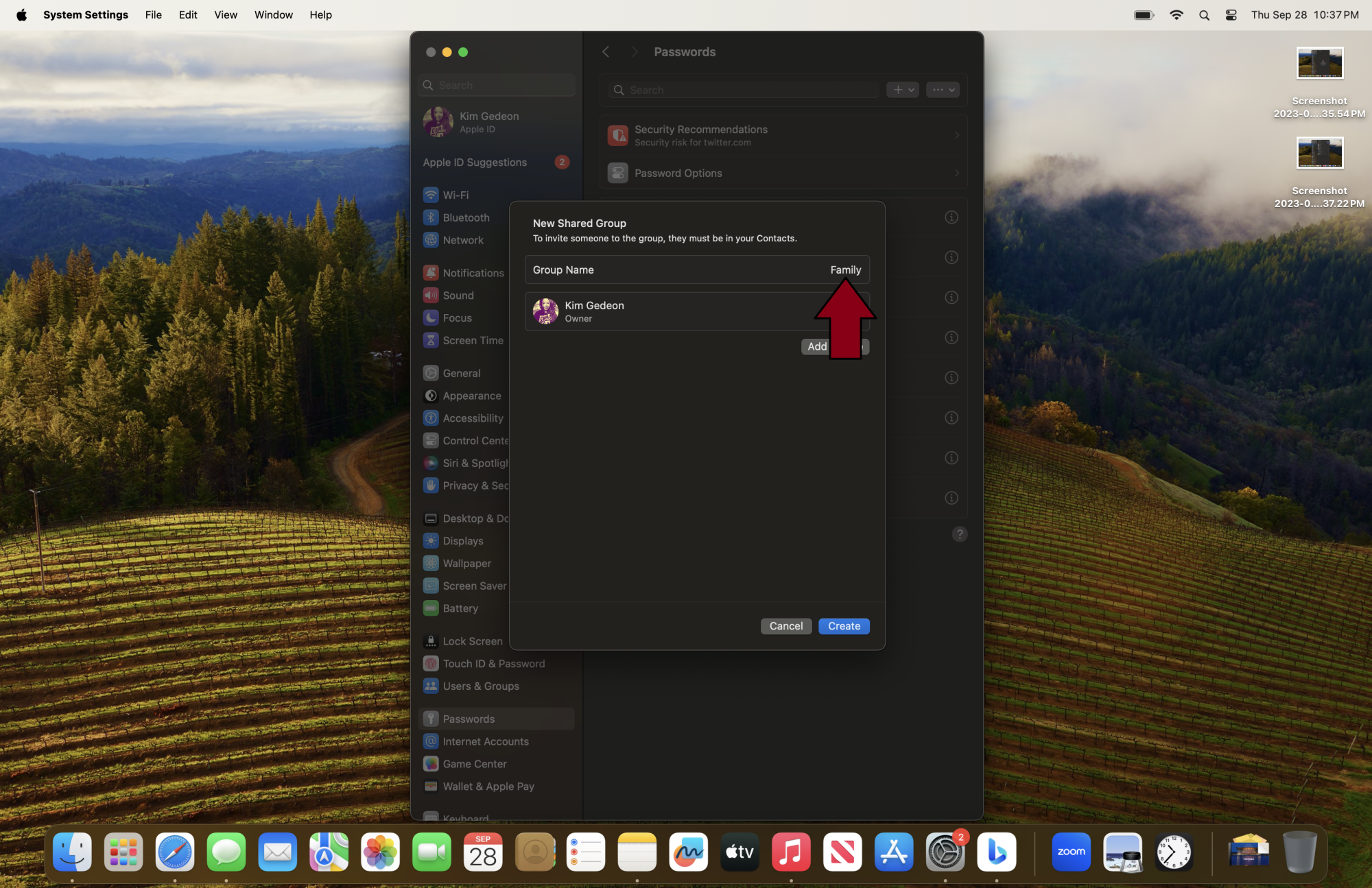 Red arrow pointing to add button in macOS Sonoma