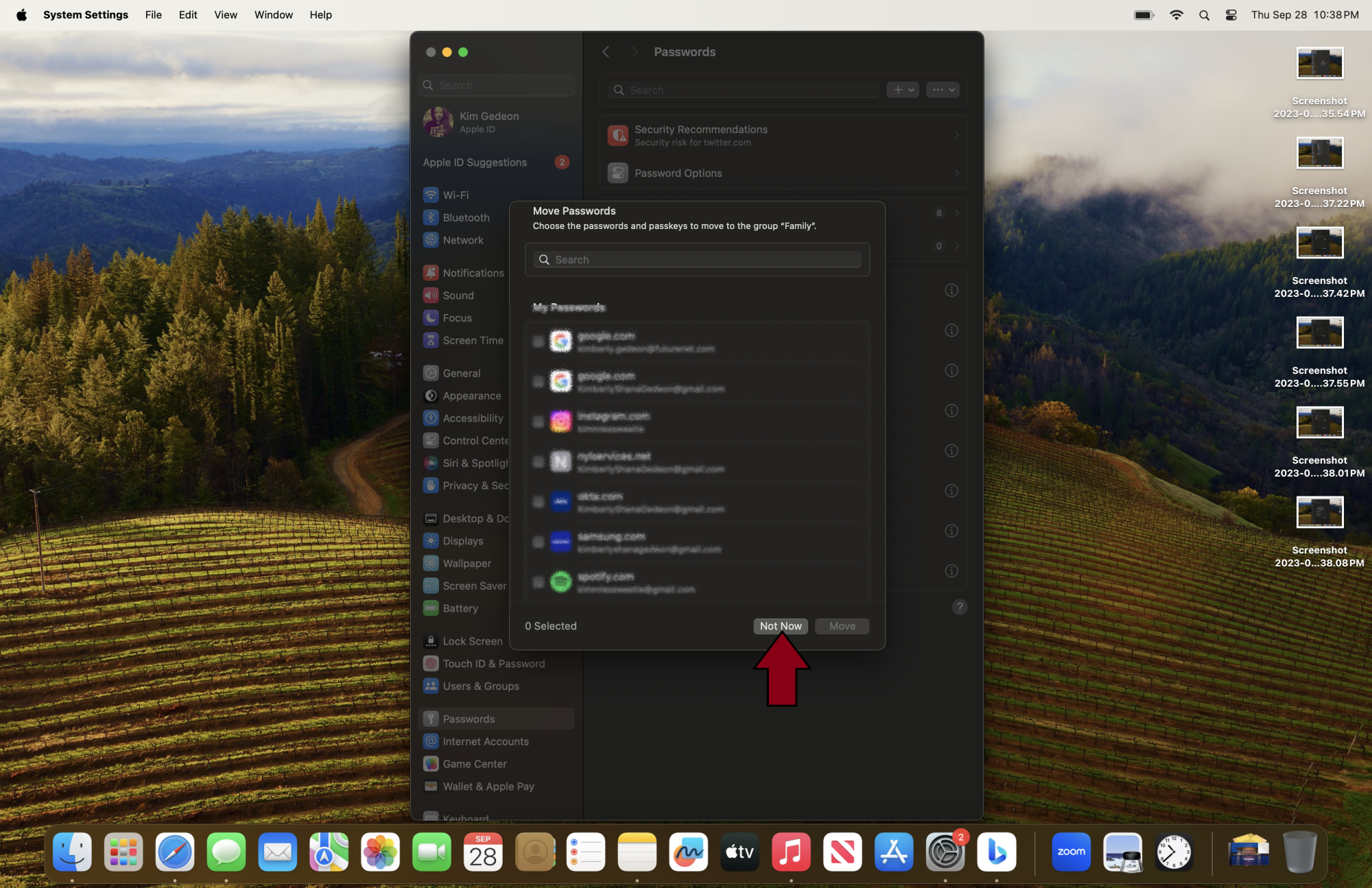 Red arrow pointing at Not Now on macOS Sonoma