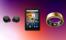 Oura Ring 3, Amazon Fire tablet, and Echo Buds with colorful background