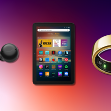 Oura Ring 3, Amazon Fire tablet, and Echo Buds with colorful background