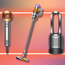 Dyson hair dryer, Dyson cordless vacuum, and Dyson purifier fan on orange, pink, and gray background