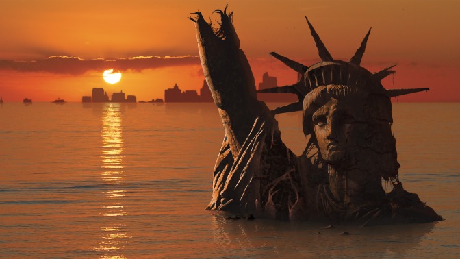 The Statue of Liberty in ruins and partly underwater. 