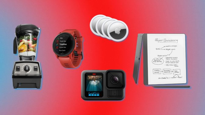 Vitamix blender, Garmin Forerunner, Apple AirTags, GoPro Hero 13, and Kindle Scribe with red and blue background