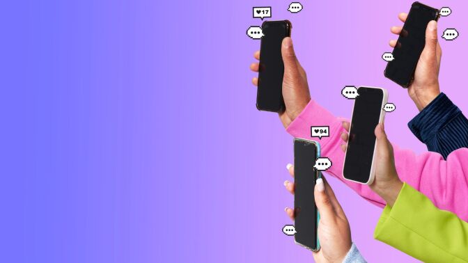 Hands holding smartphones with speech bubbles.