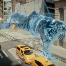 A sewer dragon ghost races through the streets of New York City in "Ghostbusters: Frozen Empire."