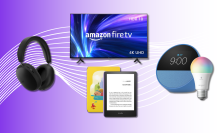 Sonos headphones, Amazon Fire TV, Echo Spot and light bulb, and Kindle Paperwhite Kids with purple gradient background