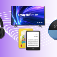 Sonos headphones, Amazon Fire TV, Echo Spot and light bulb, and Kindle Paperwhite Kids with purple gradient background