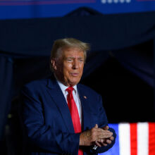 Former U.S. President Donald Trump enters Erie Insurance Arena for a political rally while campaigning for the GOP nomination in the 2024 election on July 29, 2023 in Erie, Pennsylvania.