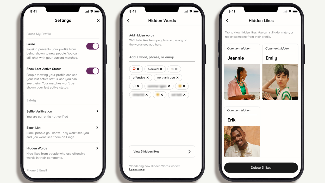 screenshots of Hinge Settings, Hidden Words, and Hidden Likes page