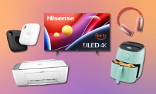 Tile Mates, HP printer, Hisense TV, Dash air fryer, and AirPods Max with colorful gradient background