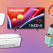 Tile Mates, HP printer, Hisense TV, Dash air fryer, and AirPods Max with colorful gradient background