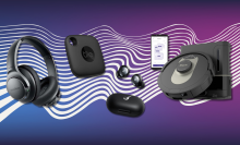 Soundcore Life Q20 headphones, Shark AI Ultra, Tile Mate, and Soundcore Space A40 earbuds with purple and blue gradient background