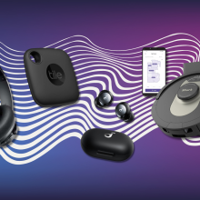 Soundcore Life Q20 headphones, Shark AI Ultra, Tile Mate, and Soundcore Space A40 earbuds with purple and blue gradient background