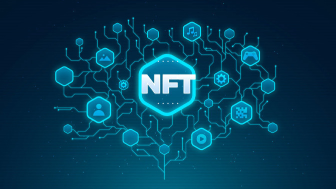 Blue neon NFT graphic surrounded by other blue icons in a connected web