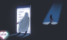 An image of a person alone in a spotlight. Nearby is a ghost ignoring their texts.