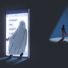 An image of a person alone in a spotlight. Nearby is a ghost ignoring their texts.