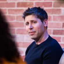 Sam Altman smiling during an interview at Bloomberg House on the opening day of the World Economic Forum (WEF)