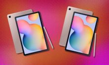 two samsung galaxy tab s6 lite tablets on a pink and orange background