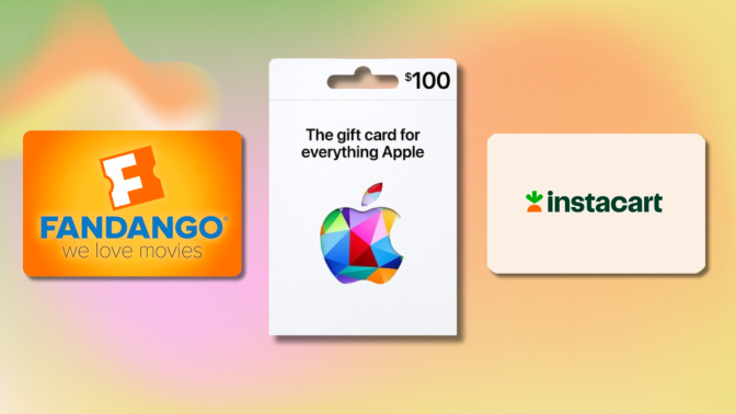 fandango, apple, and instacart gift cards against an orange pastel background