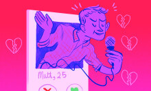 illustration of man emerging from dating app profile holding a microphone